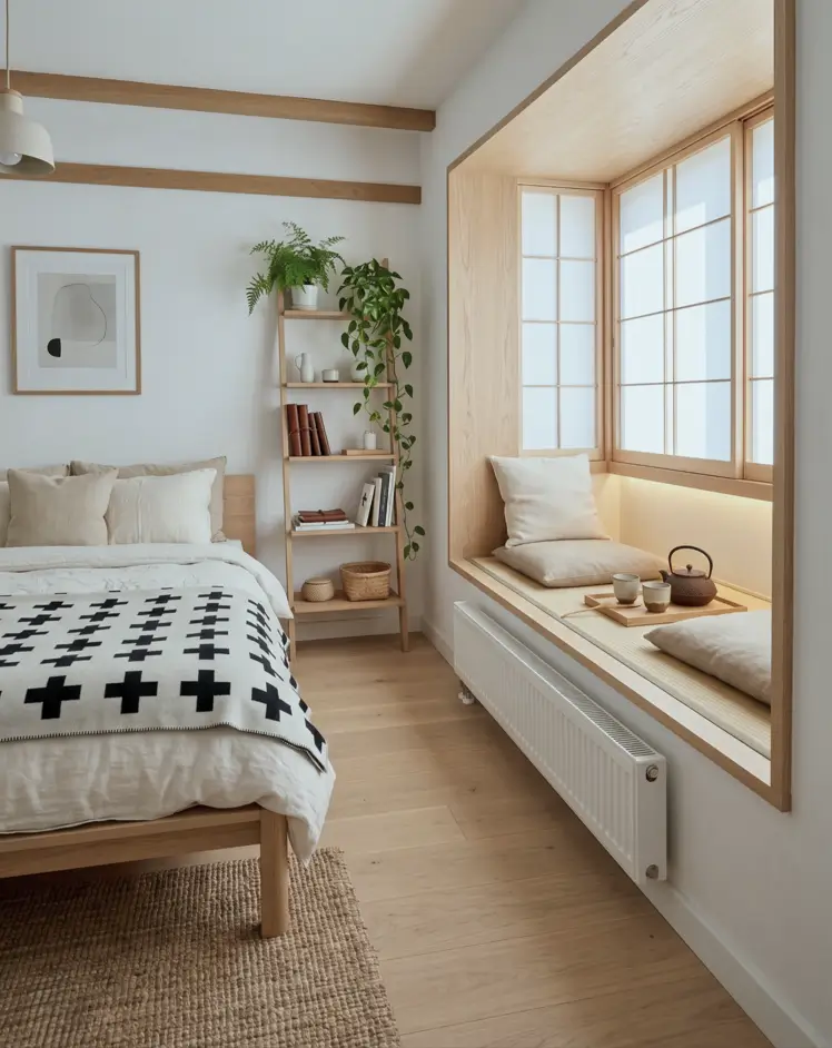 Japandi Style Bedroom: 33 Calm, Warm Ideas a Designer Loves 27 Small Japandi bedroom with built-in tatami window nook, shoji screens, low oak bed, and jute rug