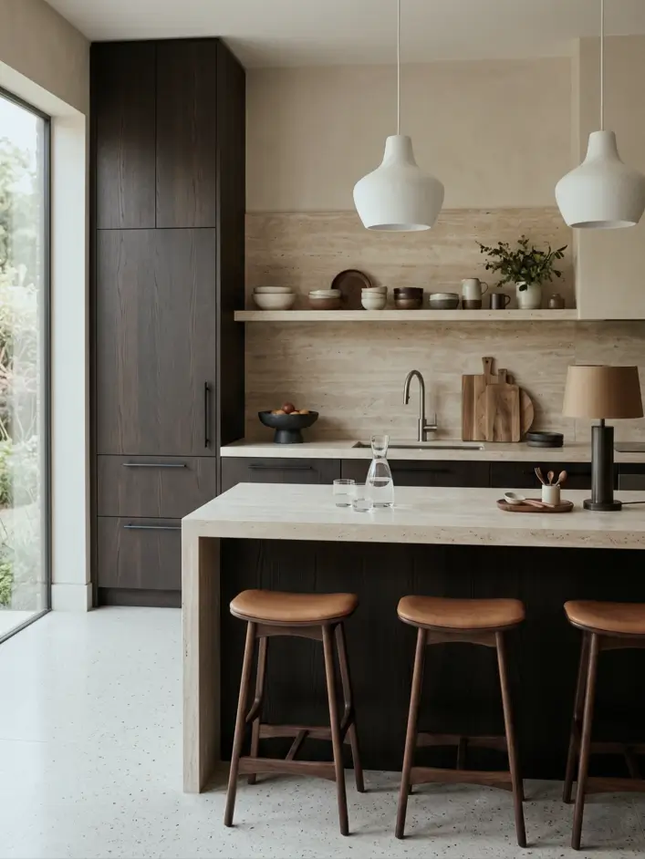 Japandi Kitchen: The Calm, Warm Look I Keep Coming Back To 27 Japandi kitchen with a full travertine backsplash, dark oak cabinets, stone island, and leather stools