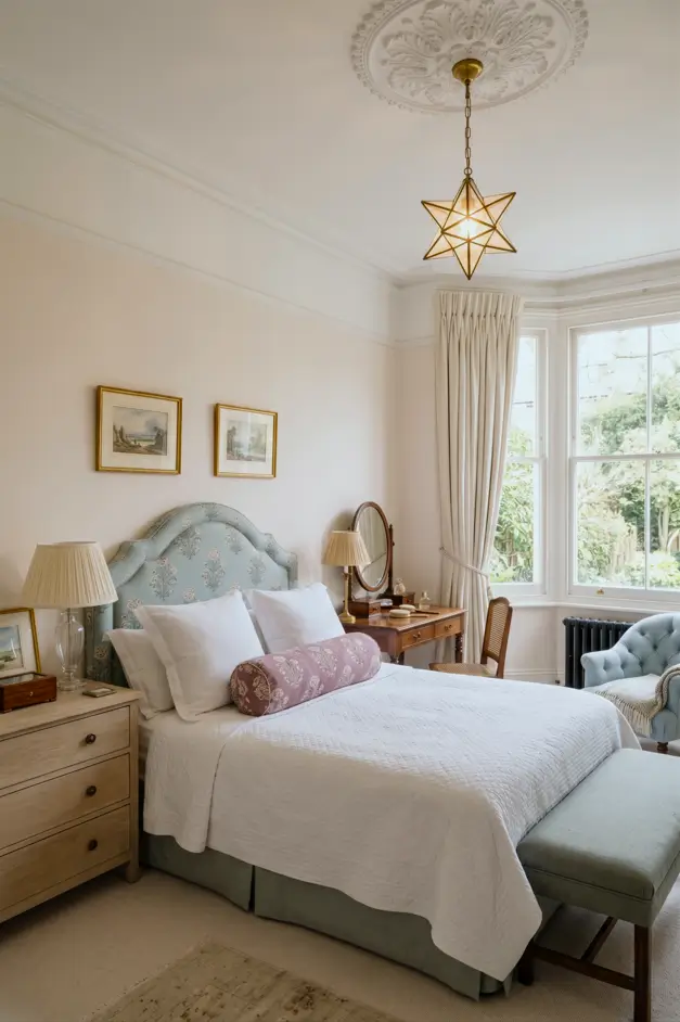 Victorian Style Bedroom: 30 Ideas for Romance Without the Heaviness 27 Soft modern Victorian style bedroom with antique mahogany dressing table, oval swing mirror, ceiling rose, and block-print headboard