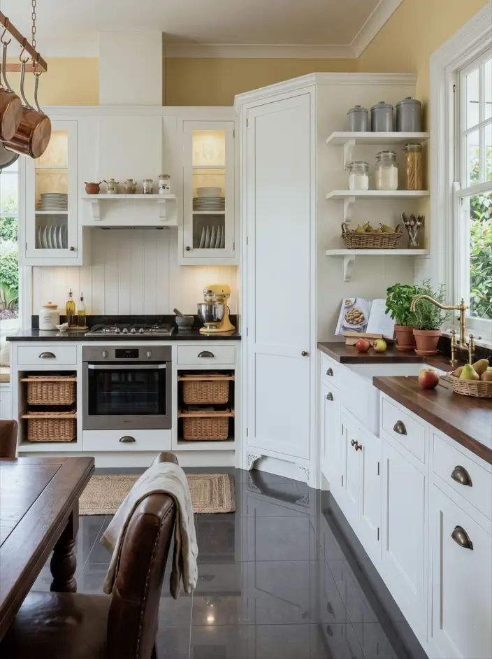 Victorian Kitchen Design: 40 Ideas a Designer Actually Loves 27 Modern Victorian kitchen with cream glass-front cabinets, larder cupboard, brass cup pulls, butcher block counter, and copper pot rack