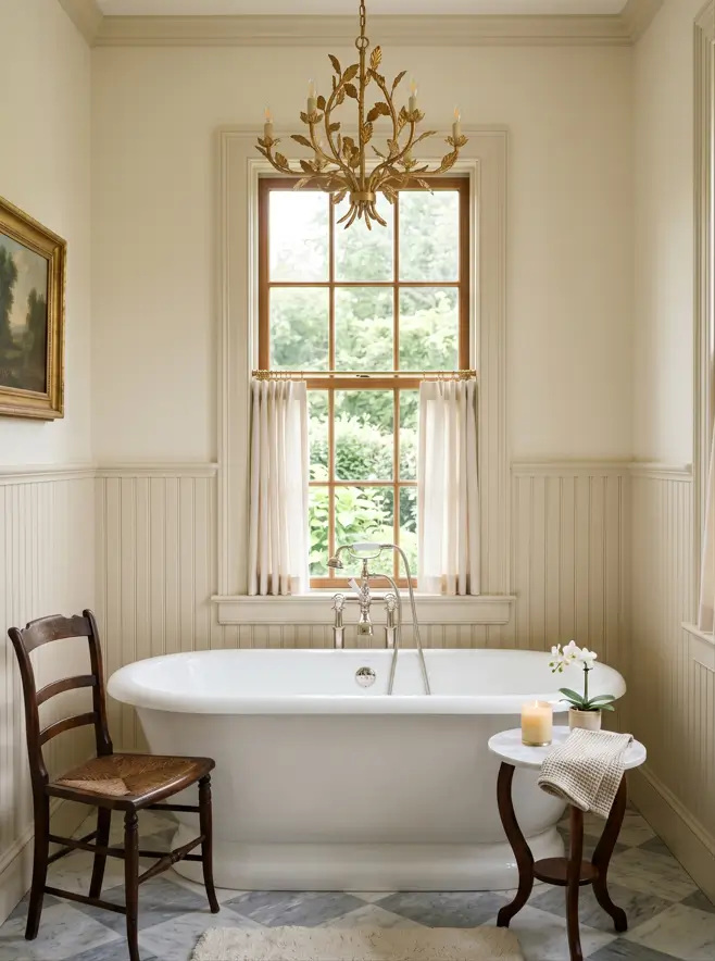Colonial Interior Design Style: American vs. British (33 Real-Home Ideas) 27 American Colonial bathroom with cream beadboard wainscoting, freestanding tub, marble checkerboard floor, and gilt chandelier