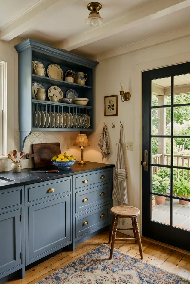 Colonial Style Kitchen: 26 Timeless Ideas, Cabinets & Designs 28 Colonial kitchen with a built-in plate rack, slate-blue cabinets, soapstone counters, and stacked transferware