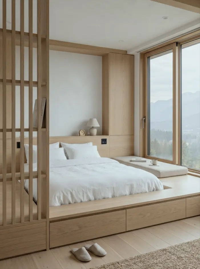 Japandi Style Bedroom: 33 Calm, Warm Ideas a Designer Loves 28 Japandi bedroom with built-in oak platform bed, storage drawers, slatted room divider, and mountain view