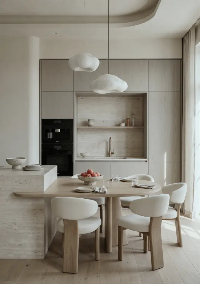 Japandi Kitchen: The Calm, Warm Look I Keep Coming Back To 28 Tonal kitchen with whitewashed oak cabinets, a travertine island, sculptural pendants, and bouclé chairs
