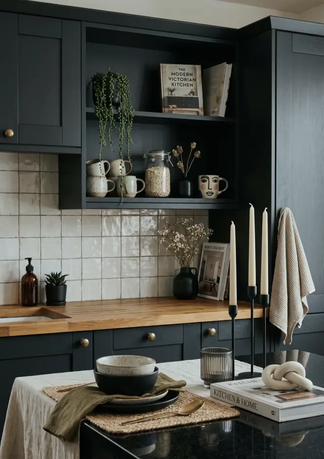 Victorian Kitchen Design: 40 Ideas a Designer Actually Loves 28 Moody modern Victorian kitchen with charcoal shaker cabinets, brass knobs, hand-glazed square tile backsplash, and butcher block counter