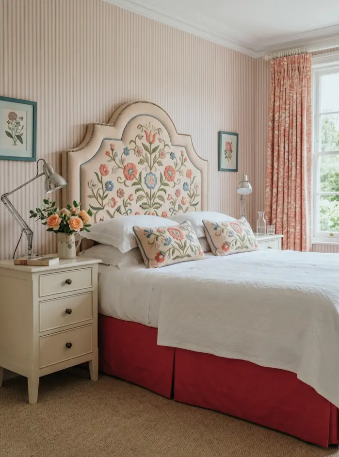 Victorian Style Bedroom: 30 Ideas for Romance Without the Heaviness 28 Victorian style bedroom with crewelwork arched floral headboard, pink stripe wallpaper, botanical prints, and red bed valance