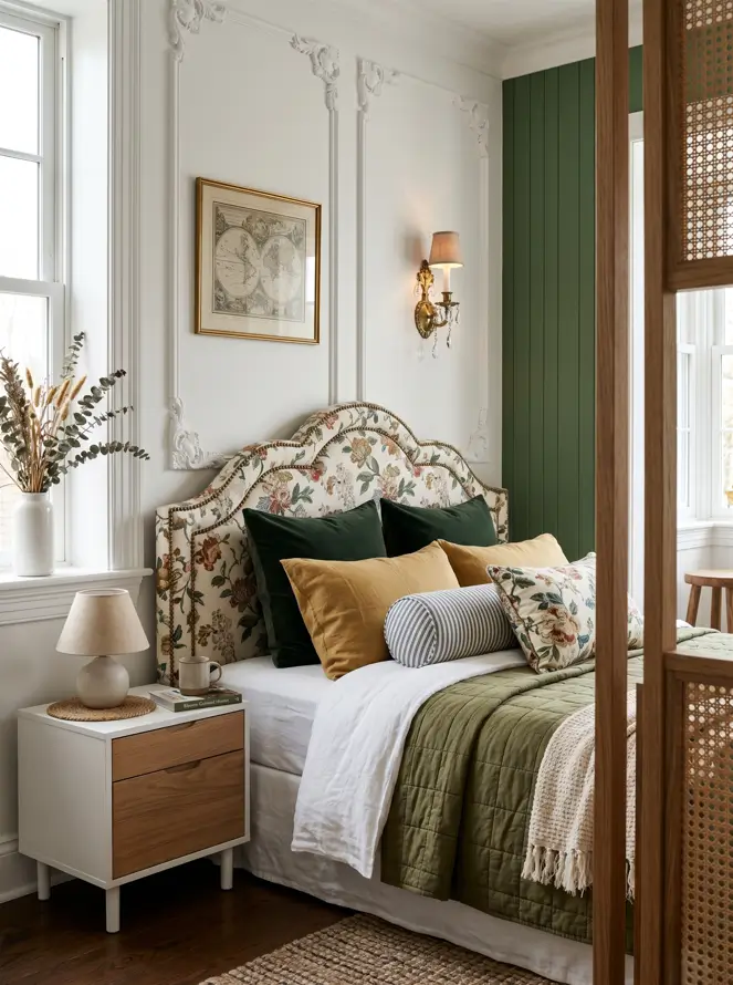 Colonial Interior Design Style: American vs. British (33 Real-Home Ideas) 29 Colonial style bedroom with floral nailhead headboard, antique map, crystal sconce, and cane bed frame