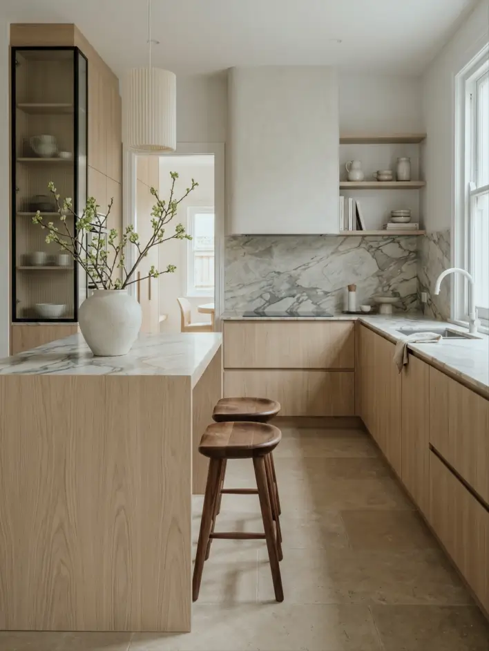Japandi Kitchen: The Calm, Warm Look I Keep Coming Back To 29 Plaster range hood above a marble backsplash, pale oak cabinets, and walnut stools