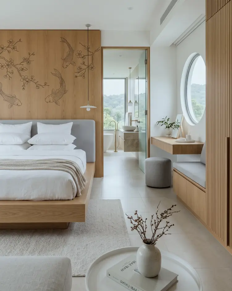 Japandi Style Bedroom: 33 Calm, Warm Ideas a Designer Loves 29 Japandi master bedroom with etched koi oak wall, low platform bed, window seat, and round porthole window