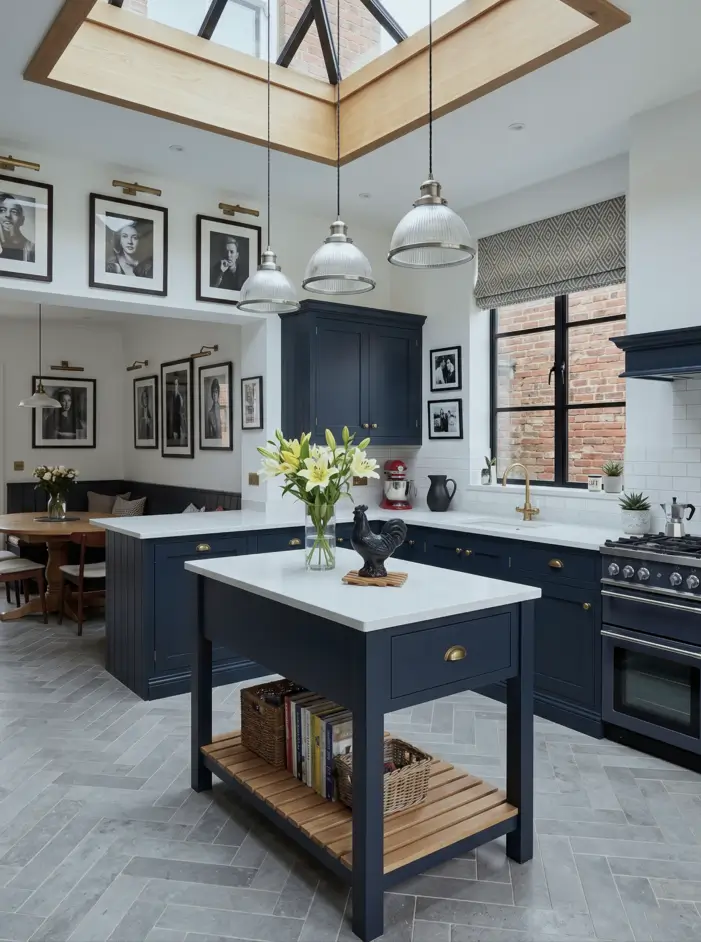 Victorian Kitchen Design: 40 Ideas a Designer Actually Loves 29 Modern Victorian kitchen with freestanding navy island table, open slatted shelf, brass cup pulls, exposed brick, and roof lantern