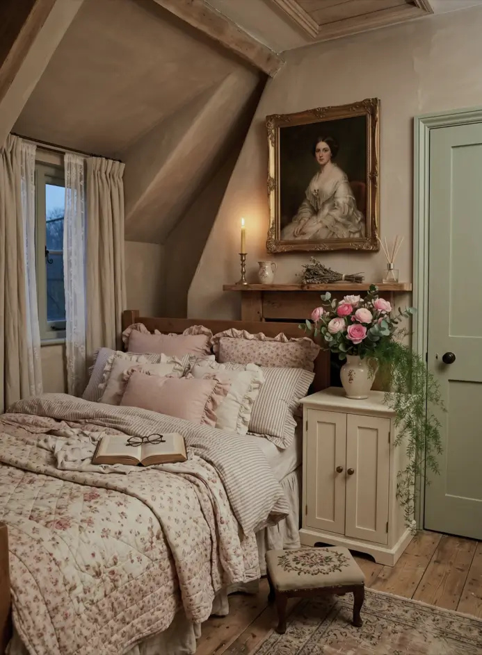 Victorian Style Bedroom: 30 Ideas for Romance Without the Heaviness 29 Romantic Victorian style cottage bedroom with gilt-framed portrait, ruffled floral bedding, needlepoint footstool, and candlelight