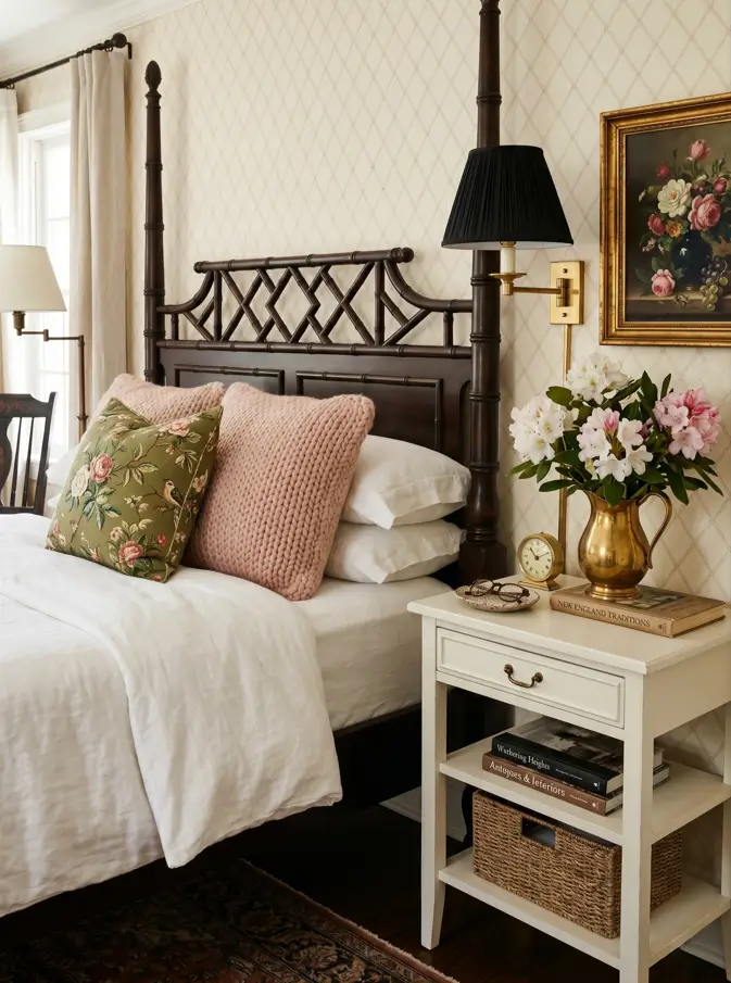 Colonial Interior Design Style: American vs. British (33 Real-Home Ideas) 30 British Colonial bedroom with dark faux-bamboo fretwork four-poster bed, trellis wallpaper, brass sconce, and floral chintz pillow