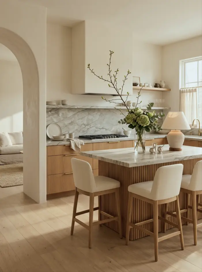 Japandi Kitchen: The Calm, Warm Look I Keep Coming Back To 30 Japandi kitchen with a fluted oak island base, marble top, brass pulls, plaster hood, and upholstered stools