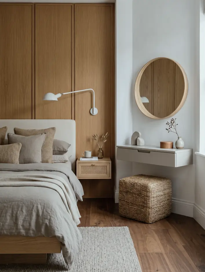 Japandi Style Bedroom: 33 Calm, Warm Ideas a Designer Loves 30 Small Japandi bedroom with oak panel wall, caned floating nightstand, wall-mounted vanity, and round mirror