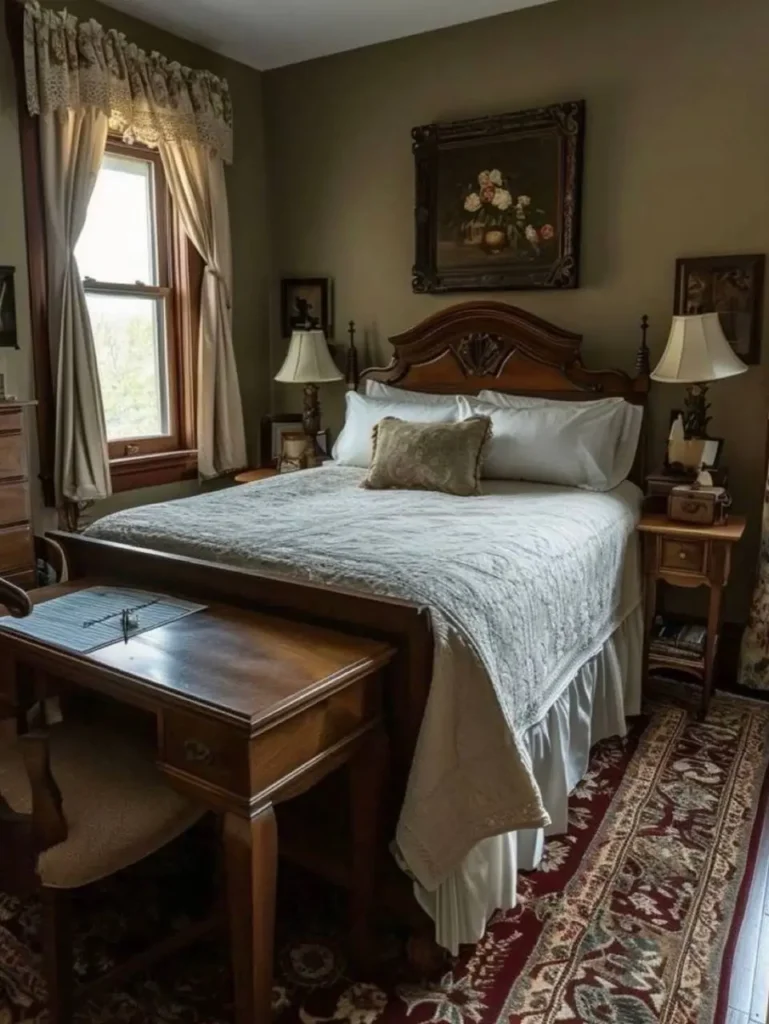 Victorian Style Bedroom: 30 Ideas for Romance Without the Heaviness 30 Small Victorian style bedroom with carved walnut headboard, writing desk, gilt-framed floral painting, and persian rug