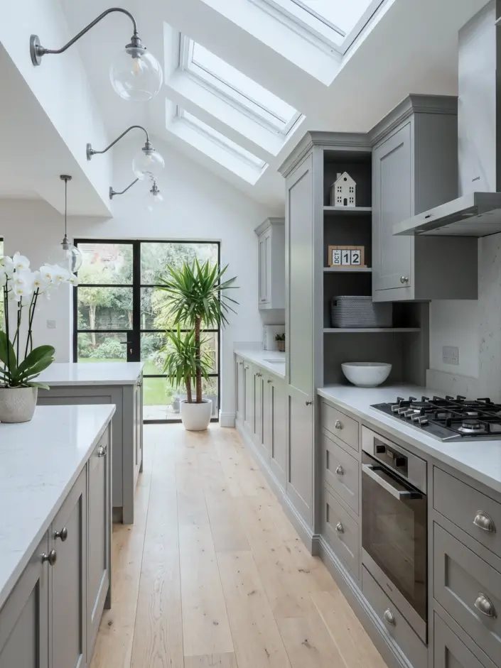 Victorian Kitchen Design: 40 Ideas a Designer Actually Loves 30 Bright galley kitchen in a Victorian side-return extension with pale grey Shaker cabinets, skylights, globe wall lights, and Crittall door