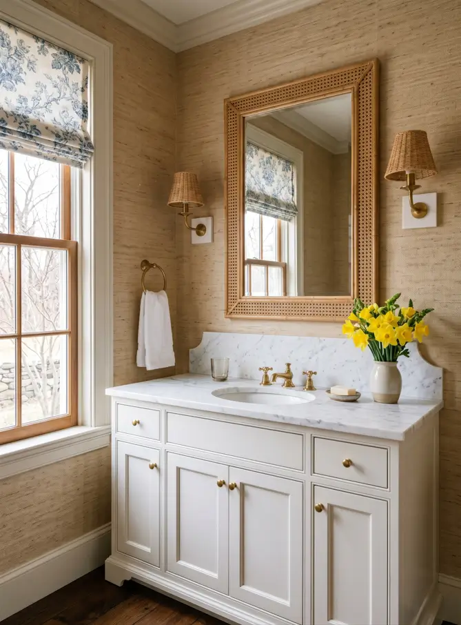 Colonial Interior Design Style: American vs. British (33 Real-Home Ideas) 31 British Colonial powder room with natural grasscloth wallpaper, cane-framed mirror, wicker sconces, and marble vanity