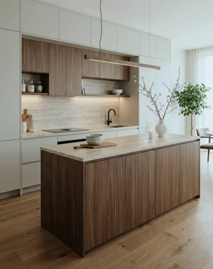 Japandi Kitchen: The Calm, Warm Look I Keep Coming Back To 31 Walnut cabinets framed by white upper units with a travertine backsplash and a linear pendant