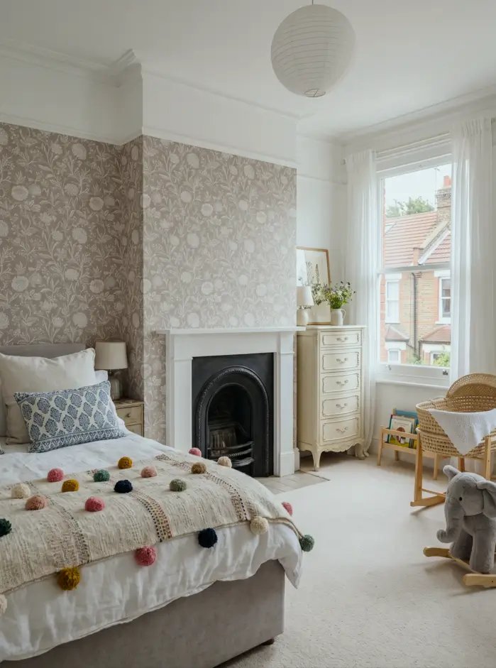 Victorian Style Bedroom: 30 Ideas for Romance Without the Heaviness 31 Modern Victorian style nursery with pale floral wallpaper, cast-iron arched fireplace, white surround, and antique French chest