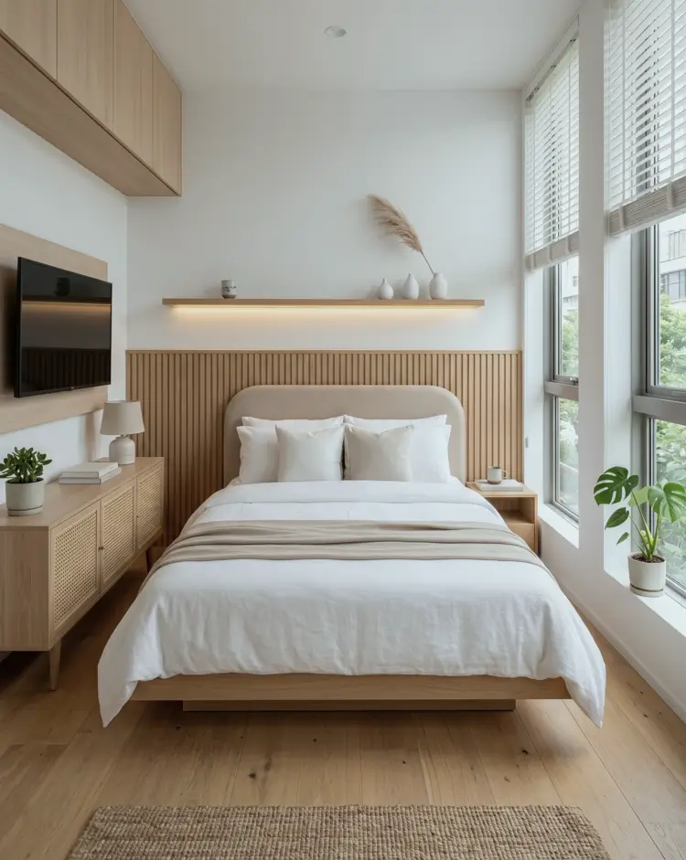 Japandi Style Bedroom: 33 Calm, Warm Ideas a Designer Loves 31 Small Japandi bedroom in a narrow apartment with oak slat wall, low platform bed, caned sideboard, and overhead storage