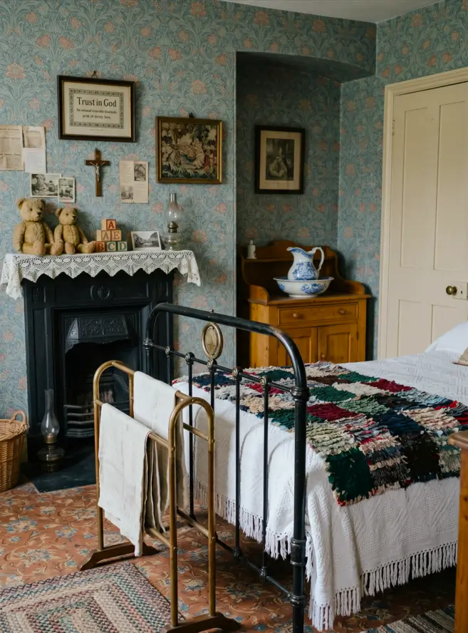 Victorian Style Bedroom: 30 Ideas for Romance Without the Heaviness 5 Authentic Victorian style bedroom with Morris floral wallpaper, cast-iron fireplace, brass bed, and pine washstand with jug and basin