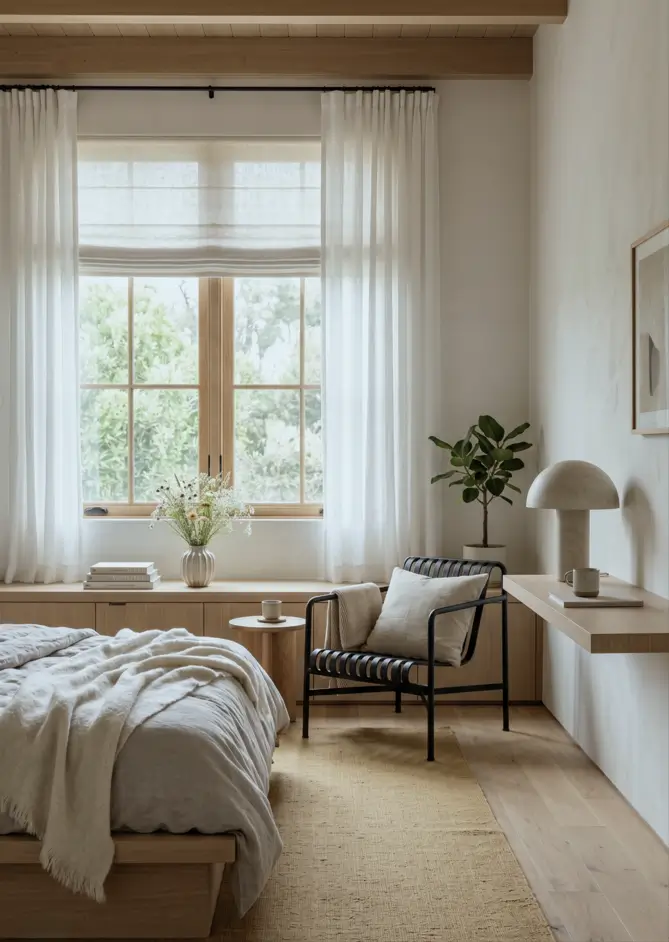 Japandi Style Bedroom: 33 Calm, Warm Ideas a Designer Loves 5 Bright Japandi bedroom with sheer linen curtains, pale oak cabinetry, floating desk, and fiddle-leaf fig