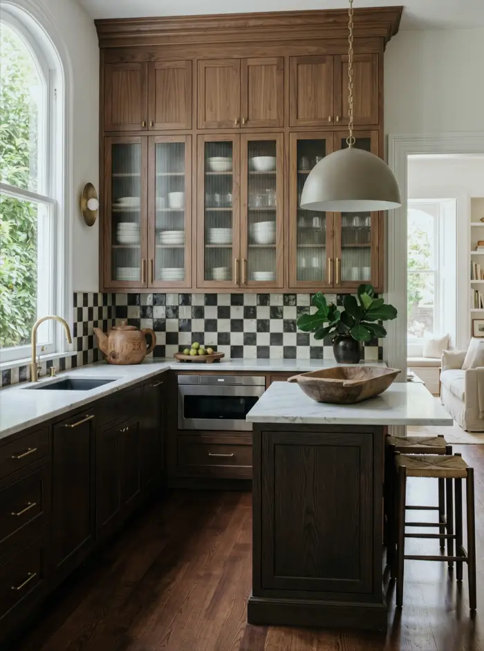 Victorian Kitchen Design: 40 Ideas a Designer Actually Loves 5 Victorian kitchen with walnut cabinets, reeded glass cabinet fronts, checkerboard tile backsplash, marble counters, and arched window