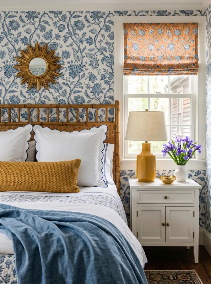 Colonial Interior Design Style: American vs. British (33 Real-Home Ideas) 32 British Colonial bedroom with rattan faux-bamboo bed, blue and white block-print wallpaper, gilt sunburst mirror, and Persian rug
