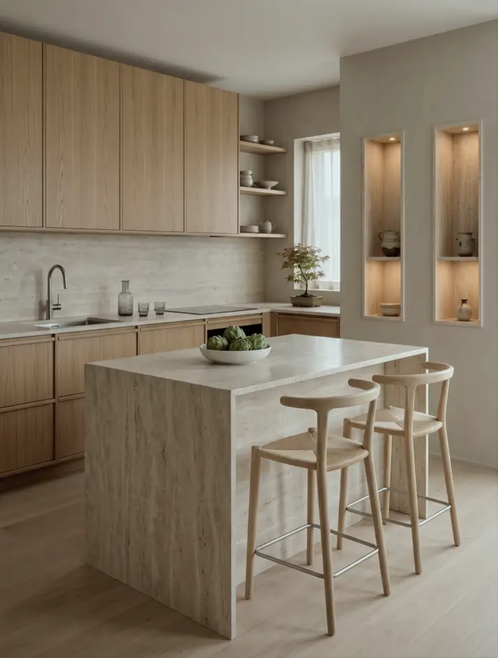 Japandi Kitchen: The Calm, Warm Look I Keep Coming Back To 32 Japandi kitchen with lit display niches, pale oak cabinets, a travertine island, and cane-seat stools