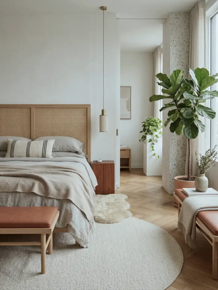 Japandi Style Bedroom: 33 Calm, Warm Ideas a Designer Loves 32 Japandi master bedroom with caned oak headboard, walnut nightstand, leather benches, and fiddle-leaf fig