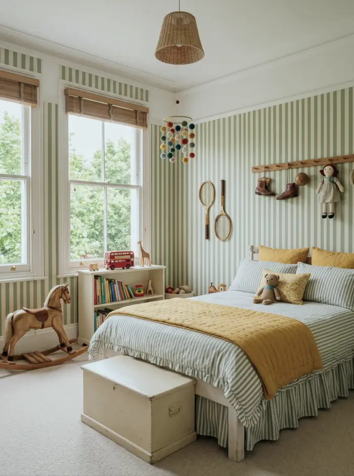 Victorian Style Bedroom: 30 Ideas for Romance Without the Heaviness 32 Victorian style children's bedroom with green-and-cream stripe wallpaper, vintage rocking horse, antique blanket box, and peg rail display