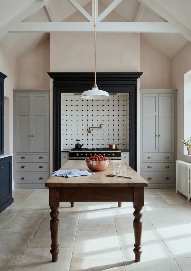 Victorian Kitchen Design: 40 Ideas a Designer Actually Loves 32 Victorian kitchen with range cooker set in black chimney recess, octagon and dot tile, freestanding pine table, and brass cup pulls