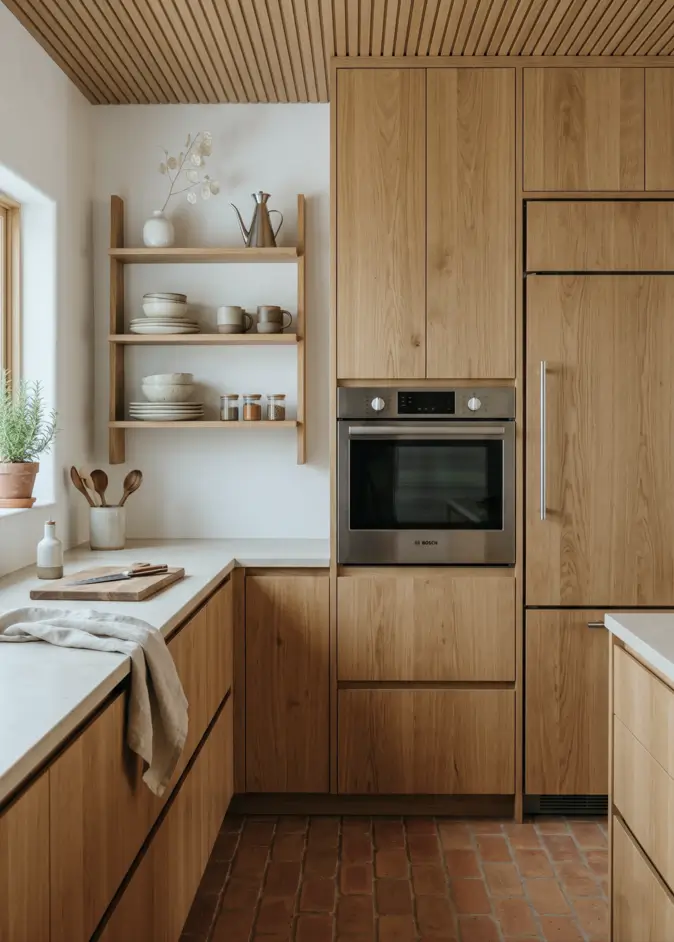 Japandi Kitchen: The Calm, Warm Look I Keep Coming Back To 33 Japandi kitchen with a slatted oak ceiling, handleless oak cabinets, pale stone counters, and open shelving