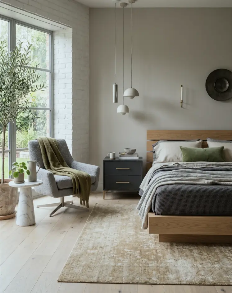 Japandi Style Bedroom: 33 Calm, Warm Ideas a Designer Loves 33 Japandi master bedroom with oak slat headboard, platform bed, grey linen, boucle chair, and olive tree