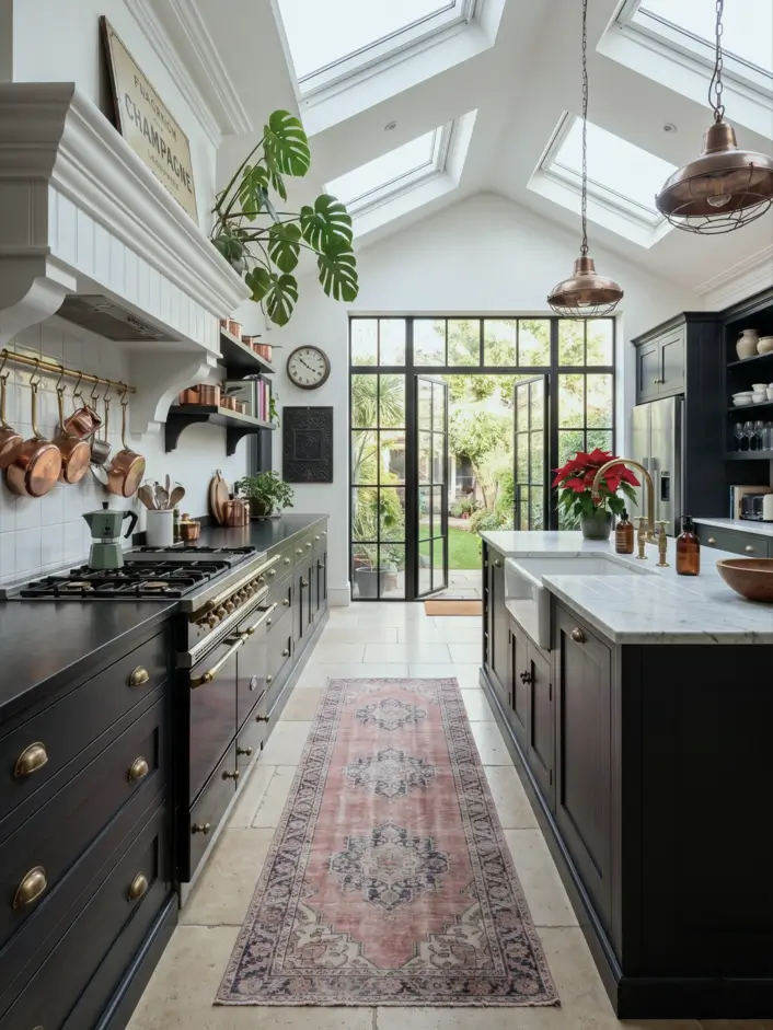 Victorian Kitchen Design: 40 Ideas a Designer Actually Loves 33 Victorian galley kitchen in a side-return extension with charcoal cabinets, black and brass range cooker, copper pot rail, and skylights
