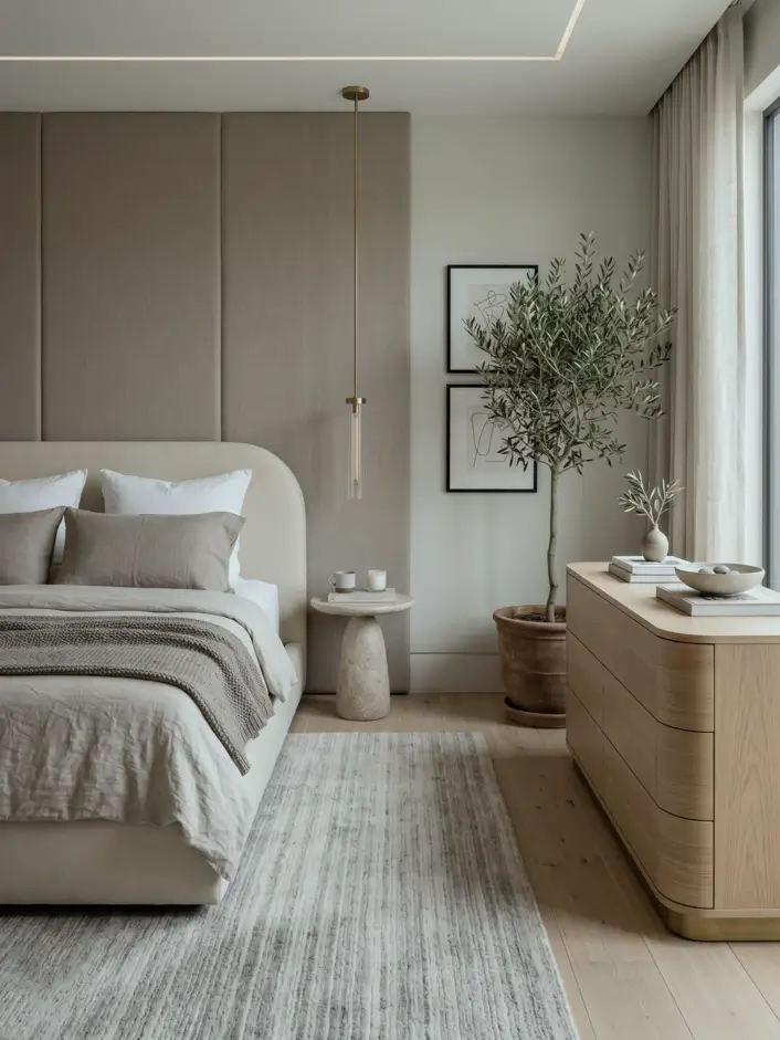 Japandi Style Bedroom: 33 Calm, Warm Ideas a Designer Loves 34 Refined Japandi master bedroom with upholstered panel wall, curved headboard, terrazzo side table, and oak dresser