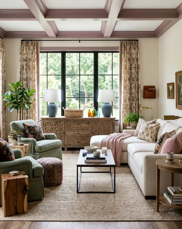 Colonial Interior Design Style: American vs. British (33 Real-Home Ideas) 34 Modern Colonial living room with mauve coffered ceiling, floral chintz drapery, fretwork sideboard, and landscape paintings