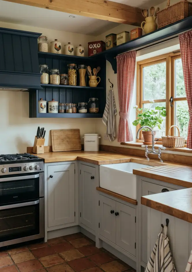 Victorian Kitchen Design: 40 Ideas a Designer Actually Loves 34 Small Victorian cottage kitchen with terracotta quarry tile floor, butler's sink, shaker cabinets, open shelving, and gingham curtains