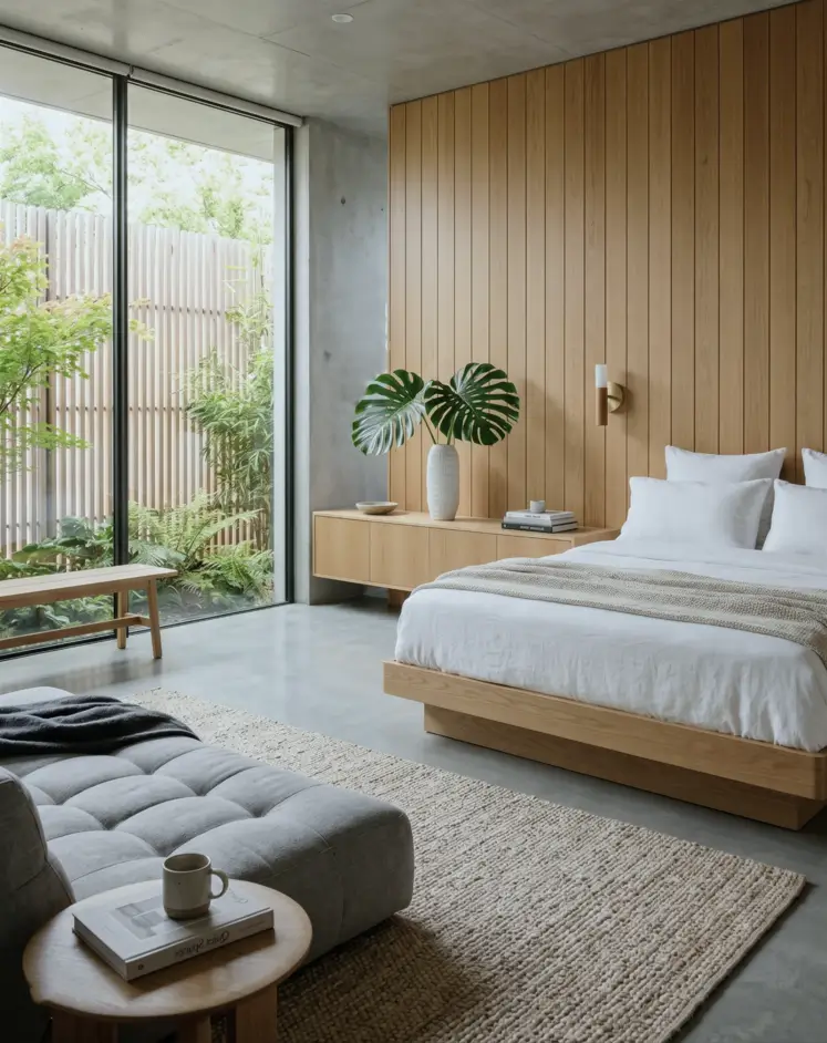Japandi Style Bedroom: 33 Calm, Warm Ideas a Designer Loves 35 Japandi bedroom with vertical oak plank wall, low platform bed, concrete ceiling, and garden view