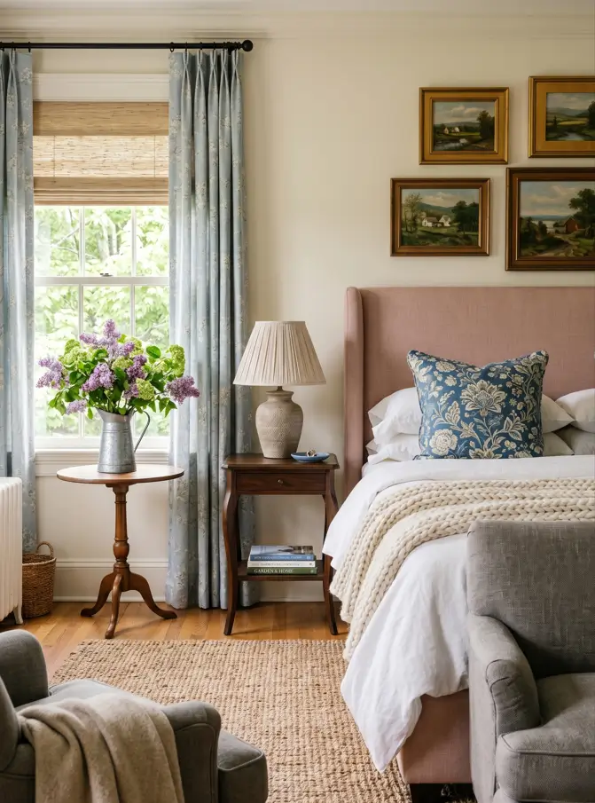 Colonial Interior Design Style: American vs. British (33 Real-Home Ideas) 35 American Colonial bedroom with gilt-framed landscape paintings, antique tripod table, cabriole nightstand, and blue floral drapery
