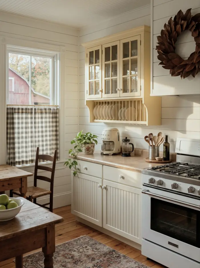 Victorian Kitchen Design: 40 Ideas a Designer Actually Loves 35 Cottage Victorian kitchen with built-in wooden plate rack, cream beadboard cabinets, glass-front dresser cabinet, and gingham curtains