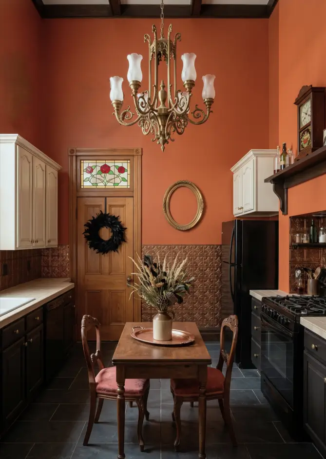 Victorian Kitchen Design: 40 Ideas a Designer Actually Loves 37 Victorian kitchen with ornate brass chandelier, stained glass door panel, pressed copper backsplash, balloon-back chairs, and terracotta walls