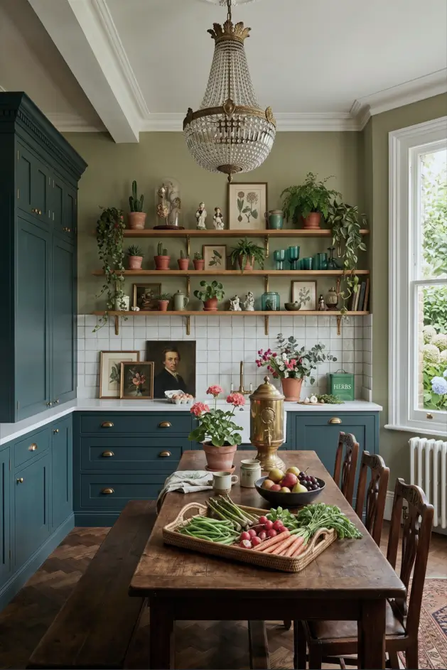 Victorian Kitchen Design: 40 Ideas a Designer Actually Loves 38 Victorian style kitchen with crystal basket chandelier, blue-teal cabinets, dentil cornice larder, brass cup pulls, and botanical prints