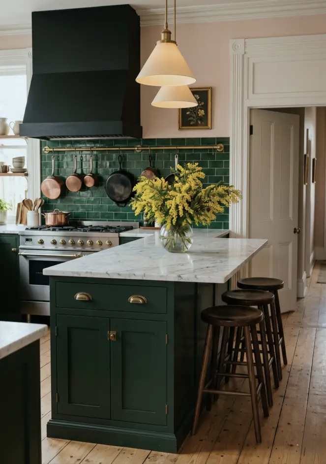 Victorian Kitchen Design: 40 Ideas a Designer Actually Loves 39 Victorian kitchen with brass pot rail over green subway tile backsplash, dark green cabinets, brass cup pulls, and copper pans