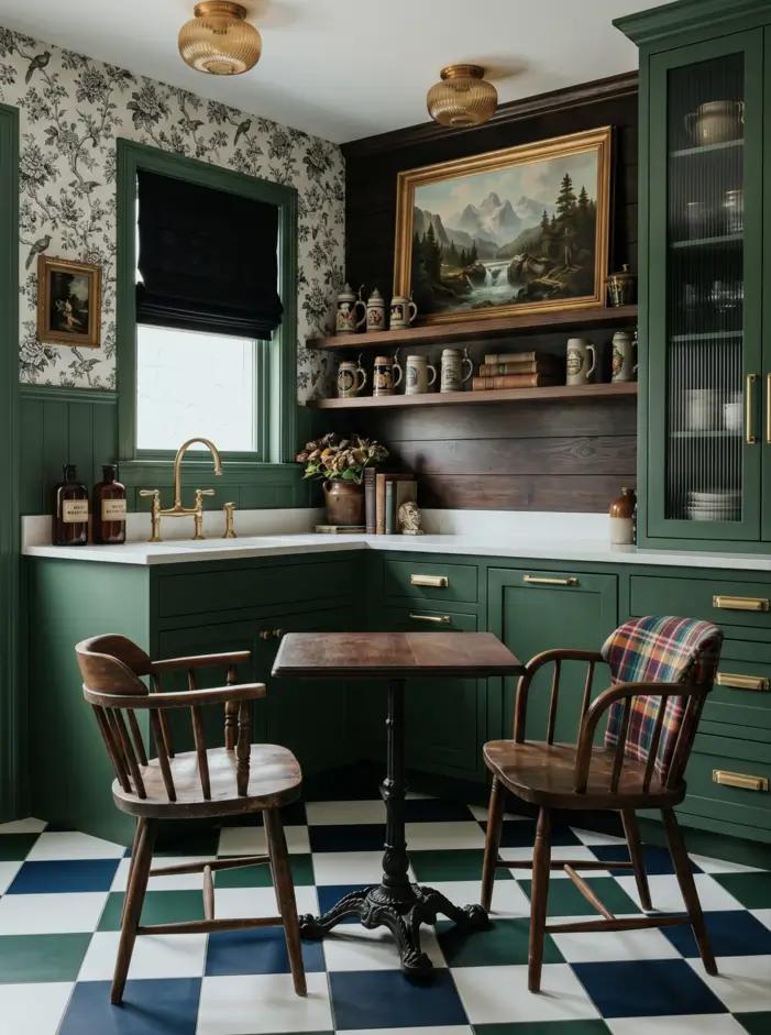 Victorian Kitchen Design: 40 Ideas a Designer Actually Loves 40 Victorian style kitchen with toile floral wallpaper, green beadboard wainscoting, checkerboard floor, brass tap, and antique steins
