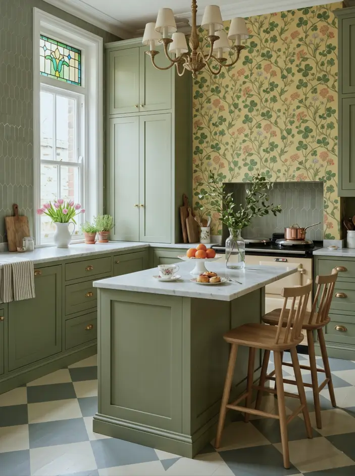 Victorian Kitchen Design: 40 Ideas a Designer Actually Loves 41 Victorian kitchen with William Morris style floral wallpaper, sage green cabinets, brass chandelier, stained glass window, and marble island