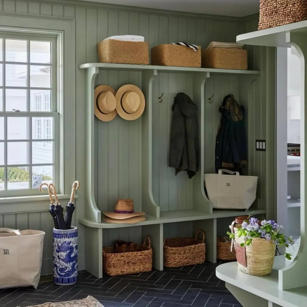 Colonial Interior Design Style: American vs. British (33 Real-Home Ideas) 6 American Colonial mudroom with sage beadboard built-in, woven storage baskets, and herringbone tile floor