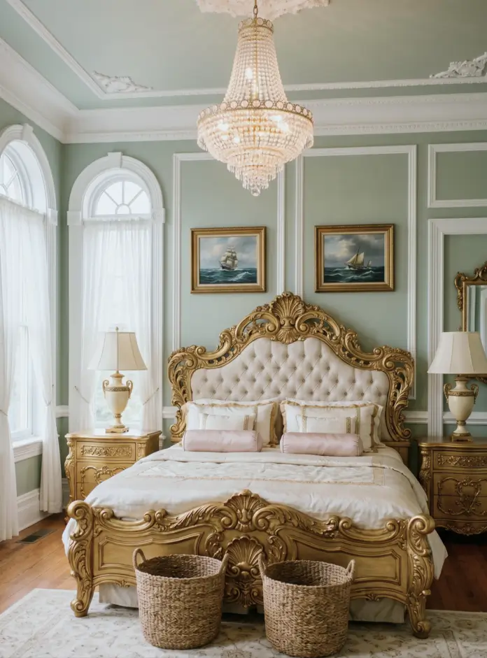 Victorian Style Bedroom: 30 Ideas for Romance Without the Heaviness 6 Grand Victorian style bedroom with carved giltwood Rococo bed, crystal chandelier, sage panelled walls, and maritime oil paintings