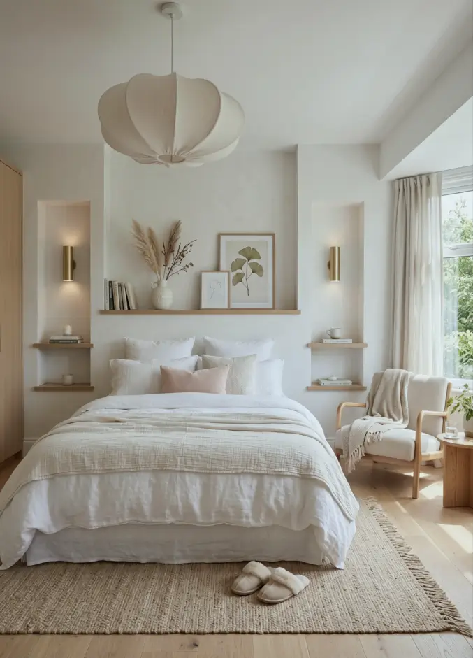 Japandi Style Bedroom: 33 Calm, Warm Ideas a Designer Loves 6 Soft white Japandi bedroom with layered linen bedding, oak picture ledge, jute rug, and botanical prints