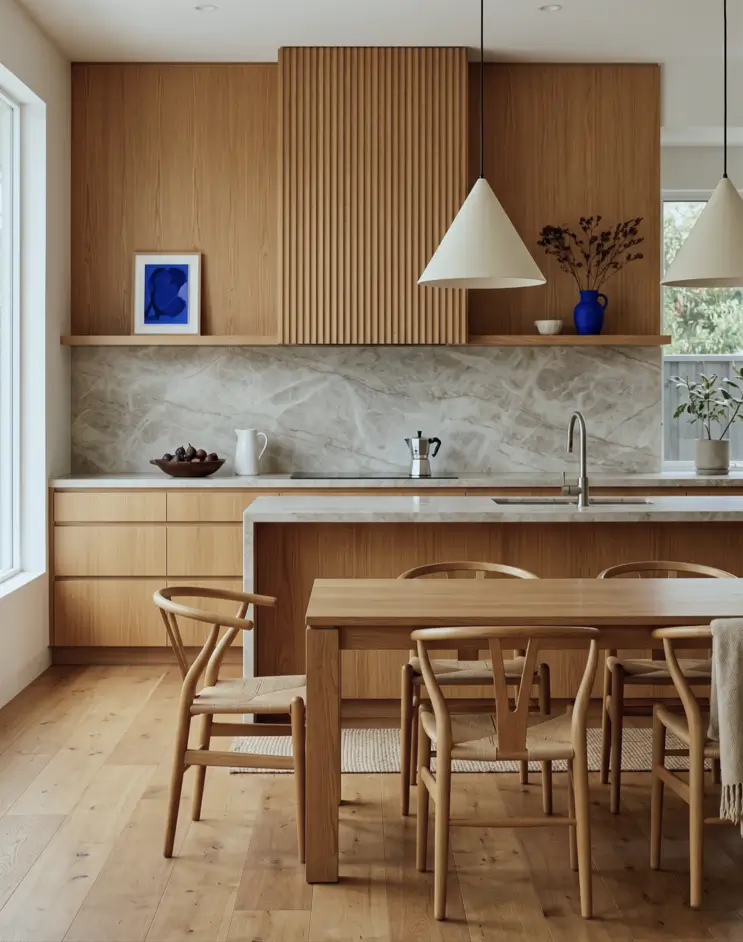 Japandi Kitchen: The Calm, Warm Look I Keep Coming Back To 6 Fluted wood range hood above a stone backsplash, oak island, and wishbone chairs